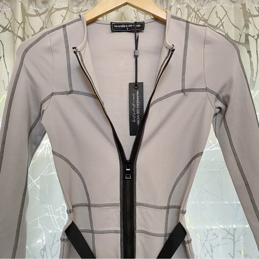 MANIÈRE DE VOIR GRAY BLACK CLIP BUCKLE WAIST BELT LONG SLEEVE BODYCON DRESS - Picture 4 of 9